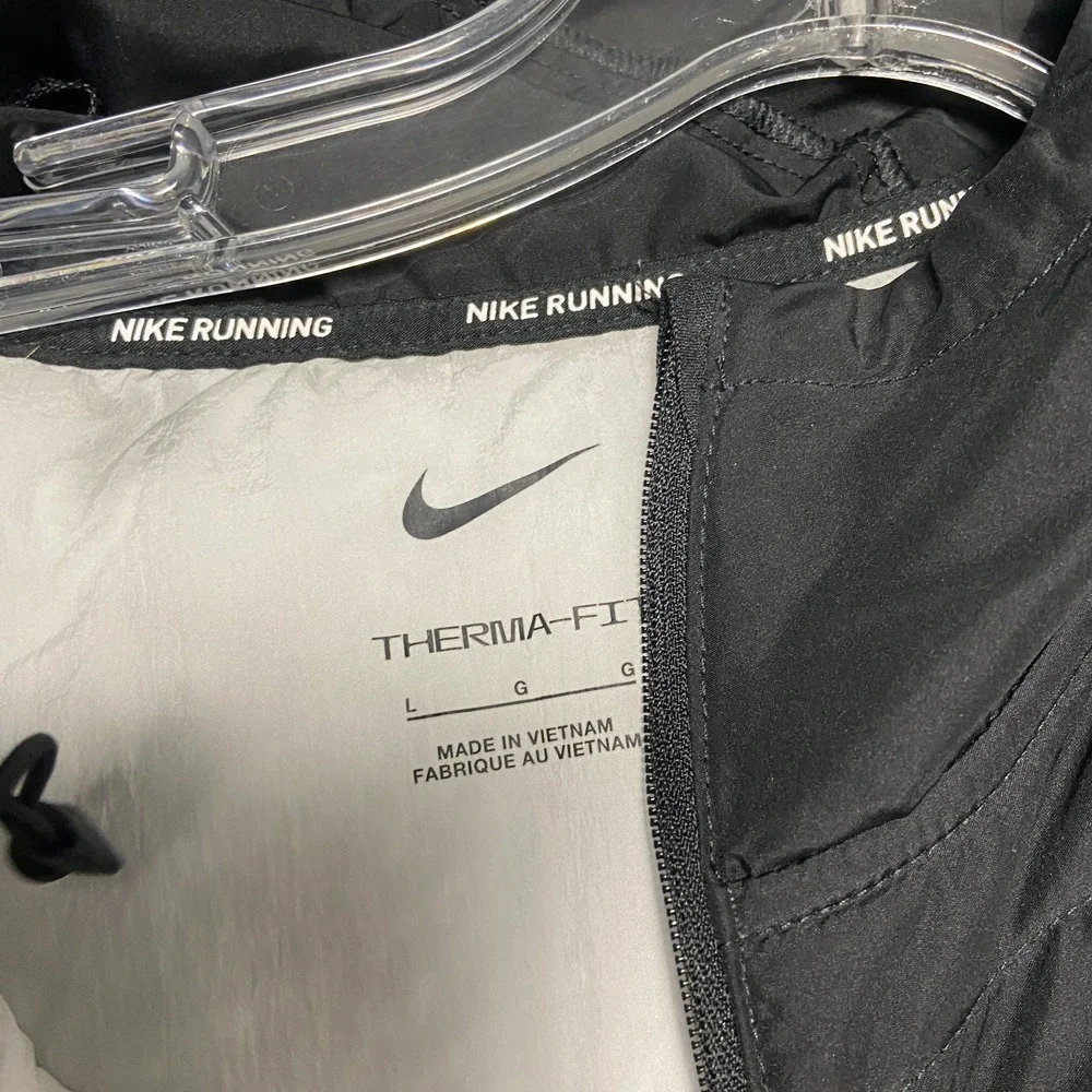 Nike Running Jacket Mens Large Black Hooded Long Sleeve Full Zip Therma Fit